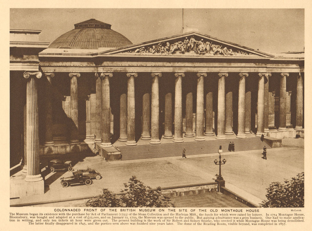 Colonnaded front of the British Museum. Vintage cars 1926 old vintage print